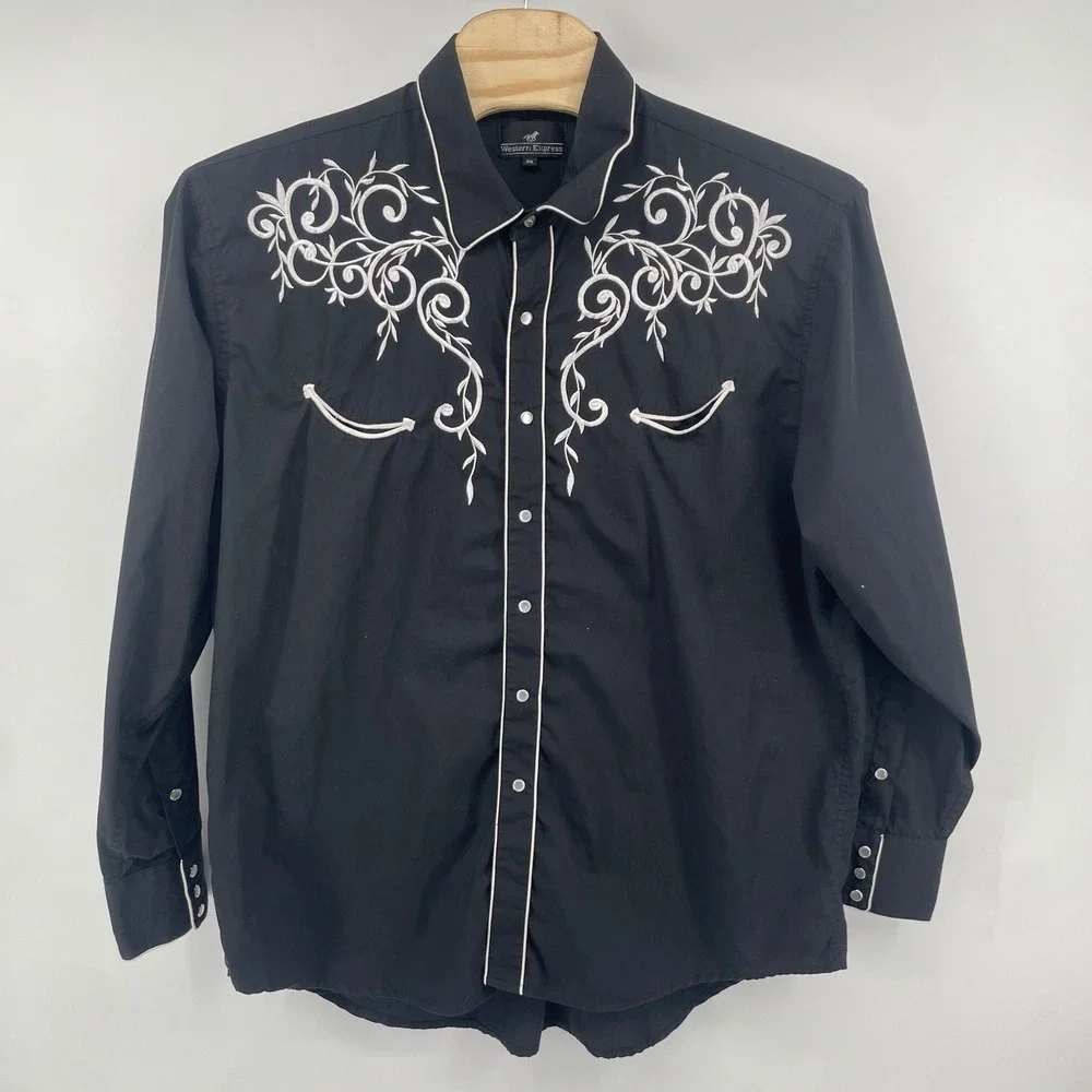 Western Express Shirt Mens 3XL Black Embroidered Pearl Snap Long Sleeve Western